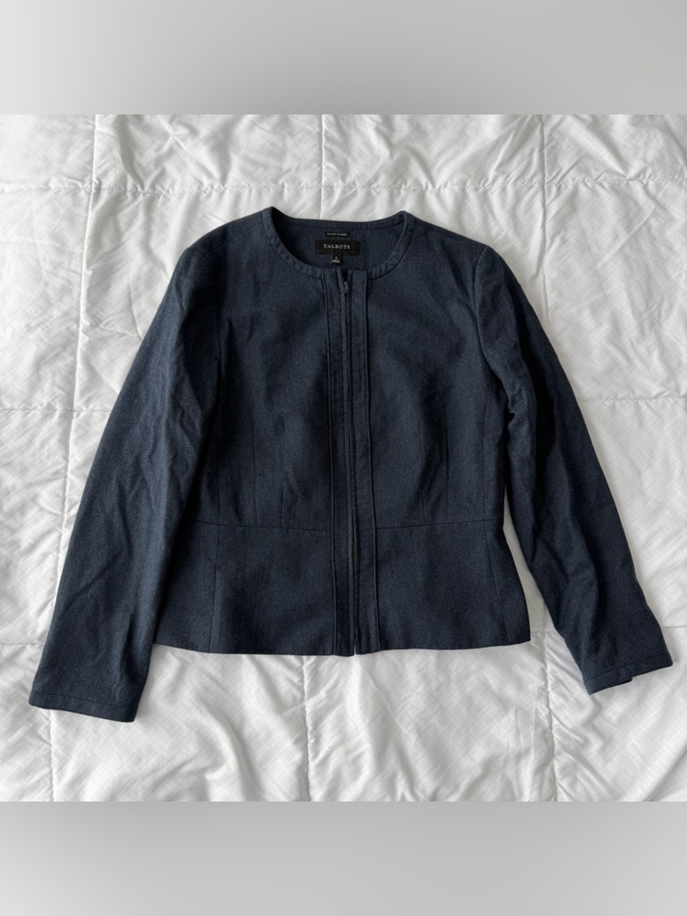 Talbots Italian Flannel Wool Zip Up Peplum Blazer Jacket 6 Navy Blue Business